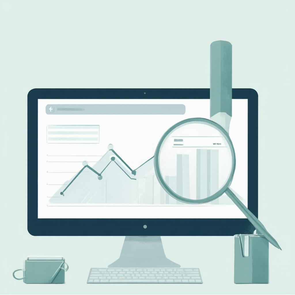 A desktop monitor displaying line and bar graphs with a large magnifying glass over the screen, visually representing how to find popular keywords through data analysis.