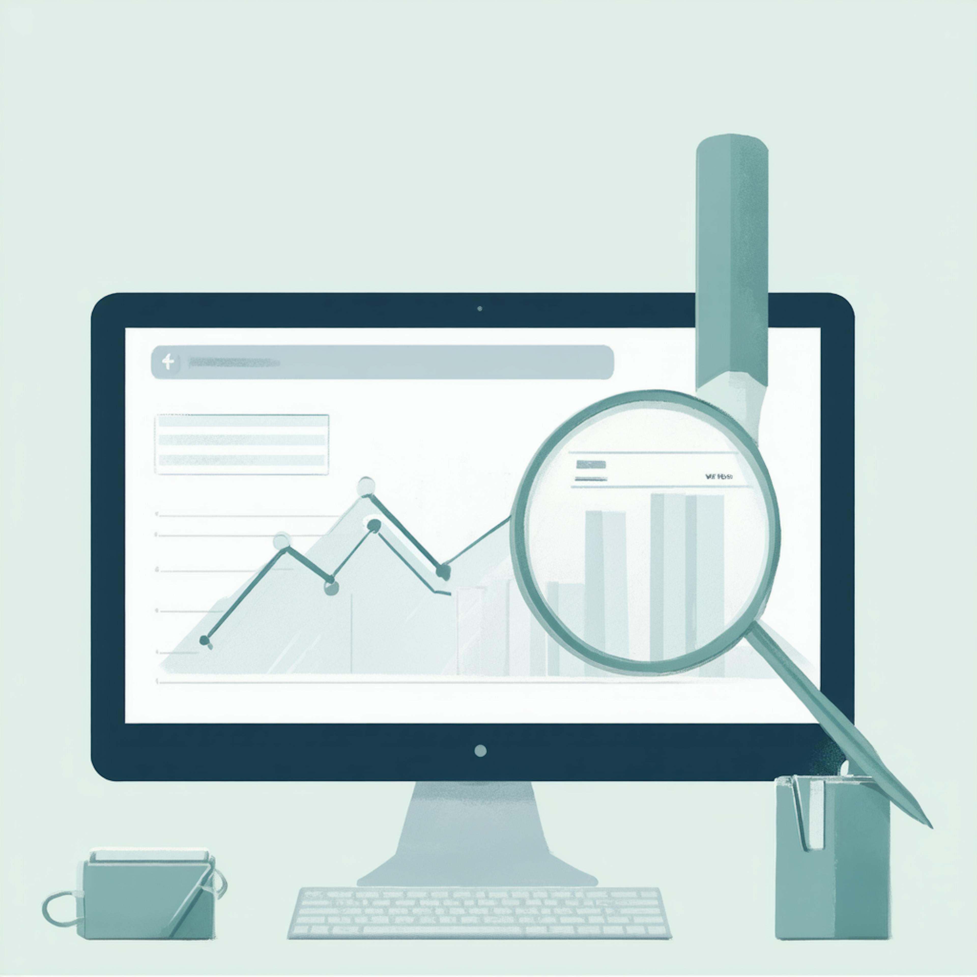 A desktop monitor displaying line and bar graphs with a large magnifying glass over the screen, visually representing how to find popular keywords through data analysis.