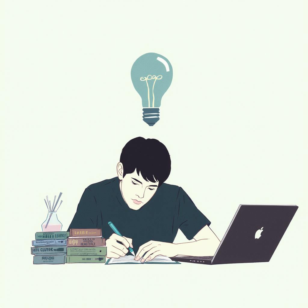 A young man writing in a notebook at a desk with a laptop and a stack of books, with a lightbulb above his head symbolizing creativity—representing how to improve your writing skills.