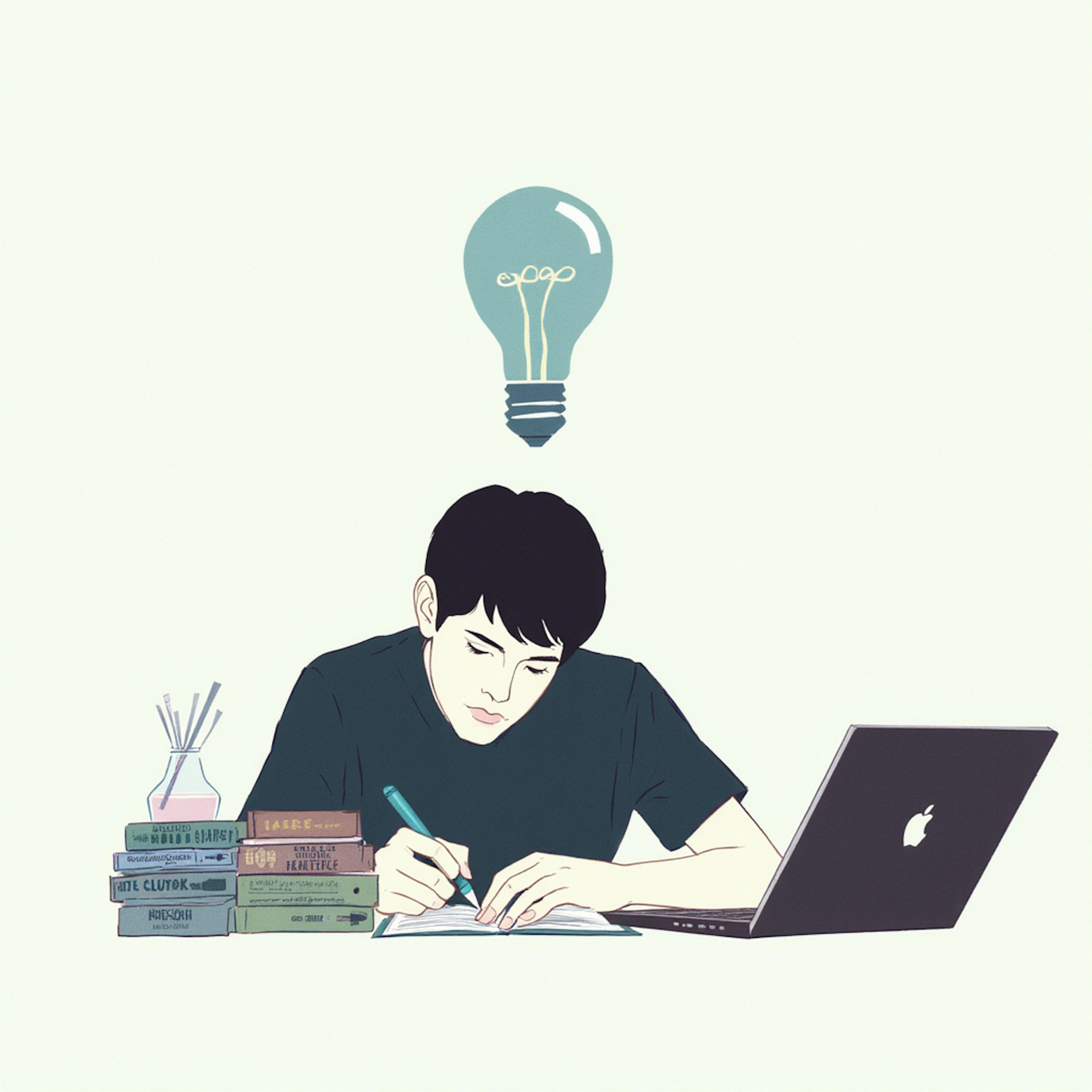 A young man writing in a notebook at a desk with a laptop and a stack of books, with a lightbulb above his head symbolizing creativity—representing how to improve your writing skills.