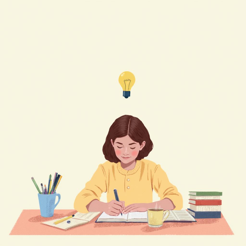 A girl writing in a notebook at a desk with pencils, books, and a cup, under a lightbulb icon, showing how to improve your writing skills through daily effort.