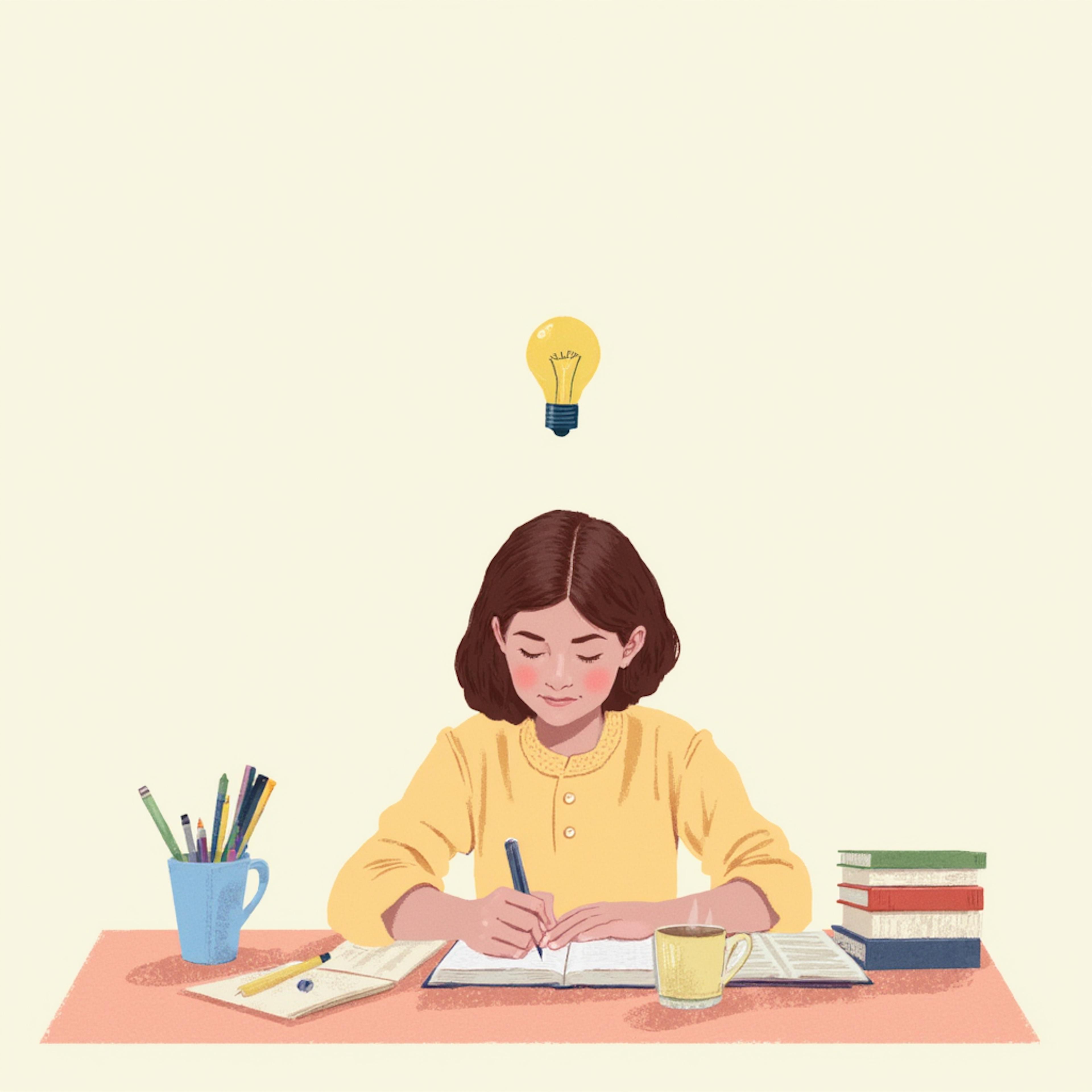 A girl writing in a notebook at a desk with pencils, books, and a cup, under a lightbulb icon, showing how to improve your writing skills through daily effort.