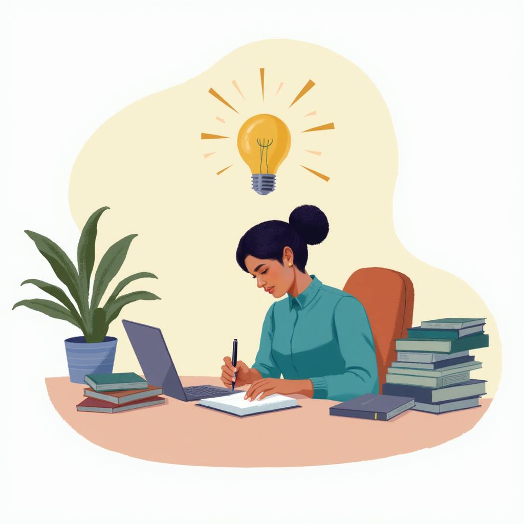 A woman focused on writing at a desk with a laptop, books, and a glowing lightbulb overhead, illustrating how to improve your writing skills through study and practice.