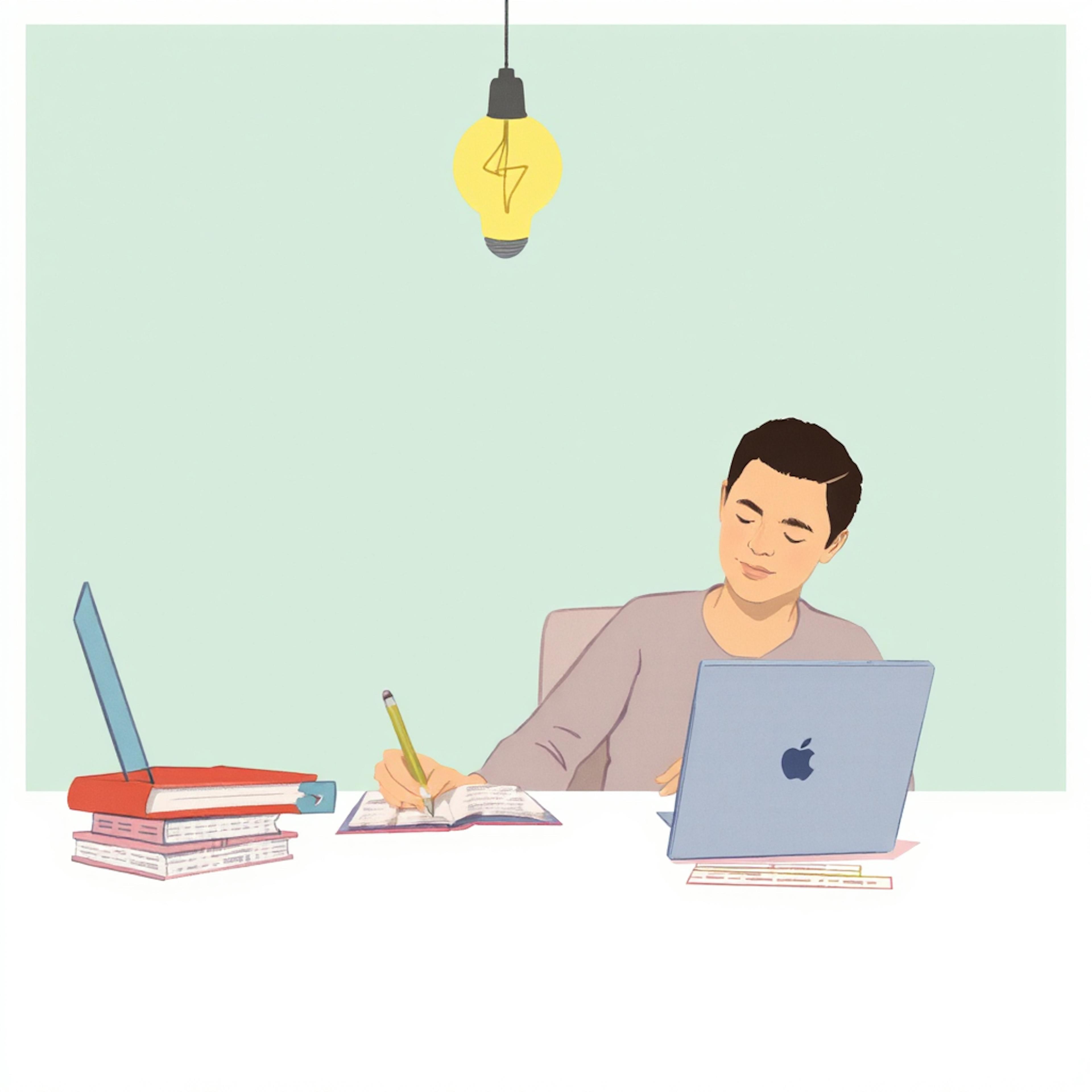 A person sitting at a desk with a laptop and open notebook, surrounded by books and a glowing lightbulb above, representing how to make SEO keywords through research and writing.