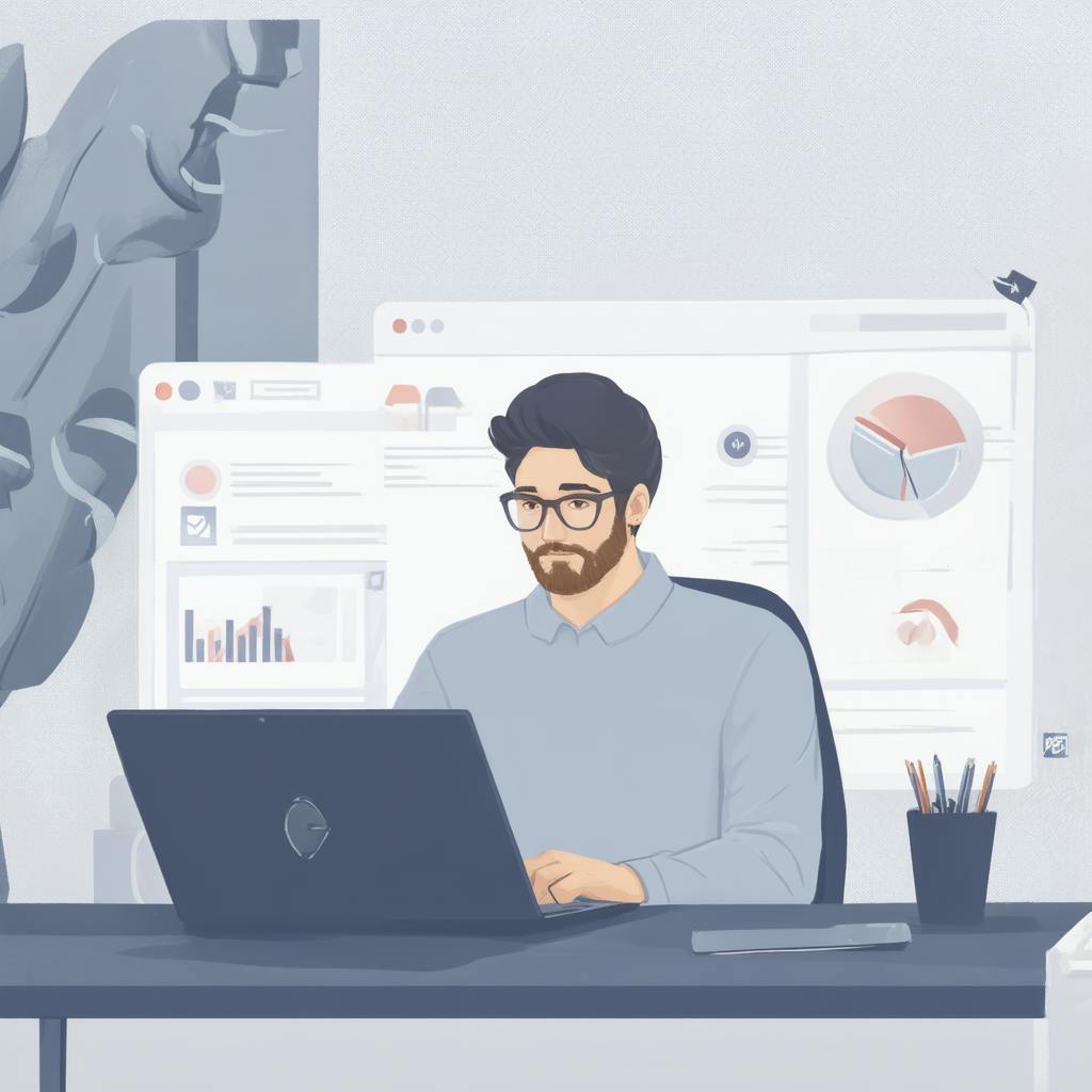 A bearded man at a desk working on a laptop with marketing dashboards and pie charts behind him, showing how to market graphic design business with data and strategy.