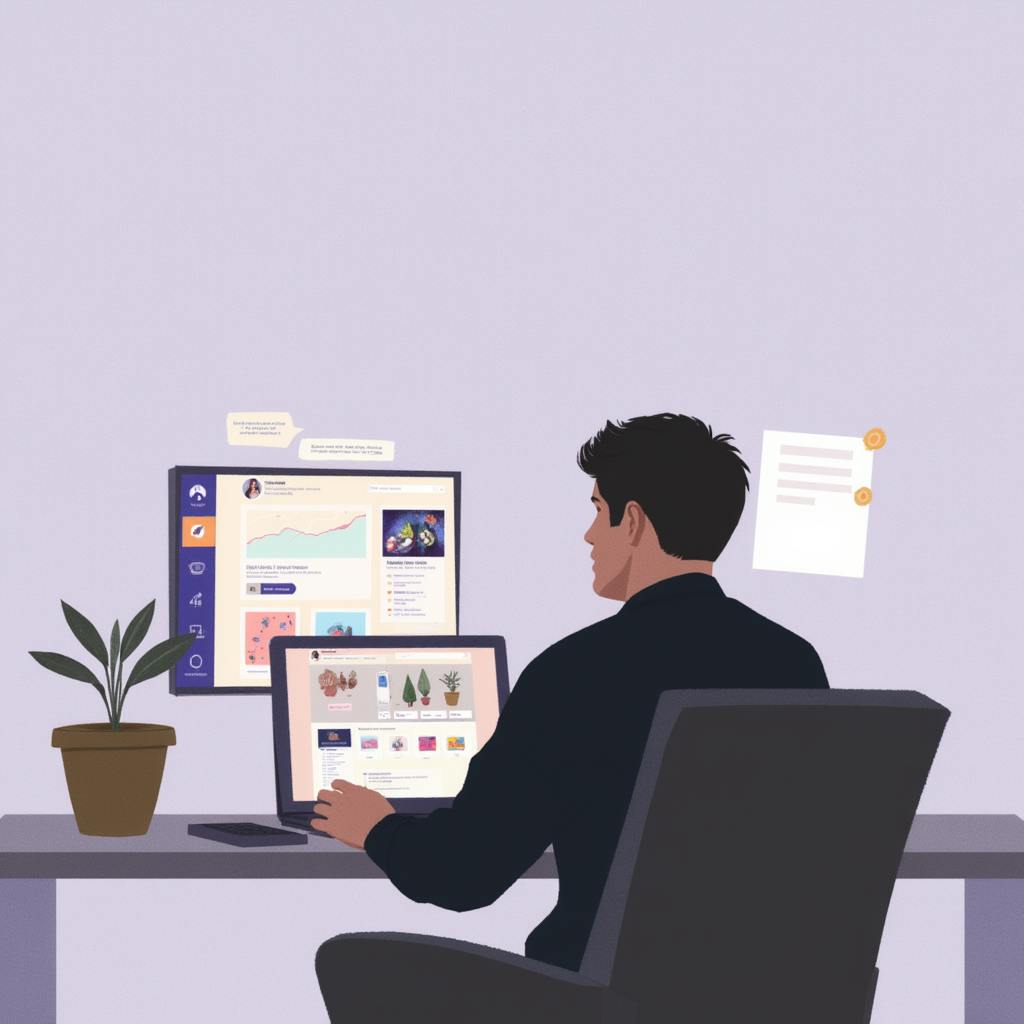 A man sits at a desk using a laptop and external monitor showing analytics and design content, illustrating how to market graphic design business through online platforms.