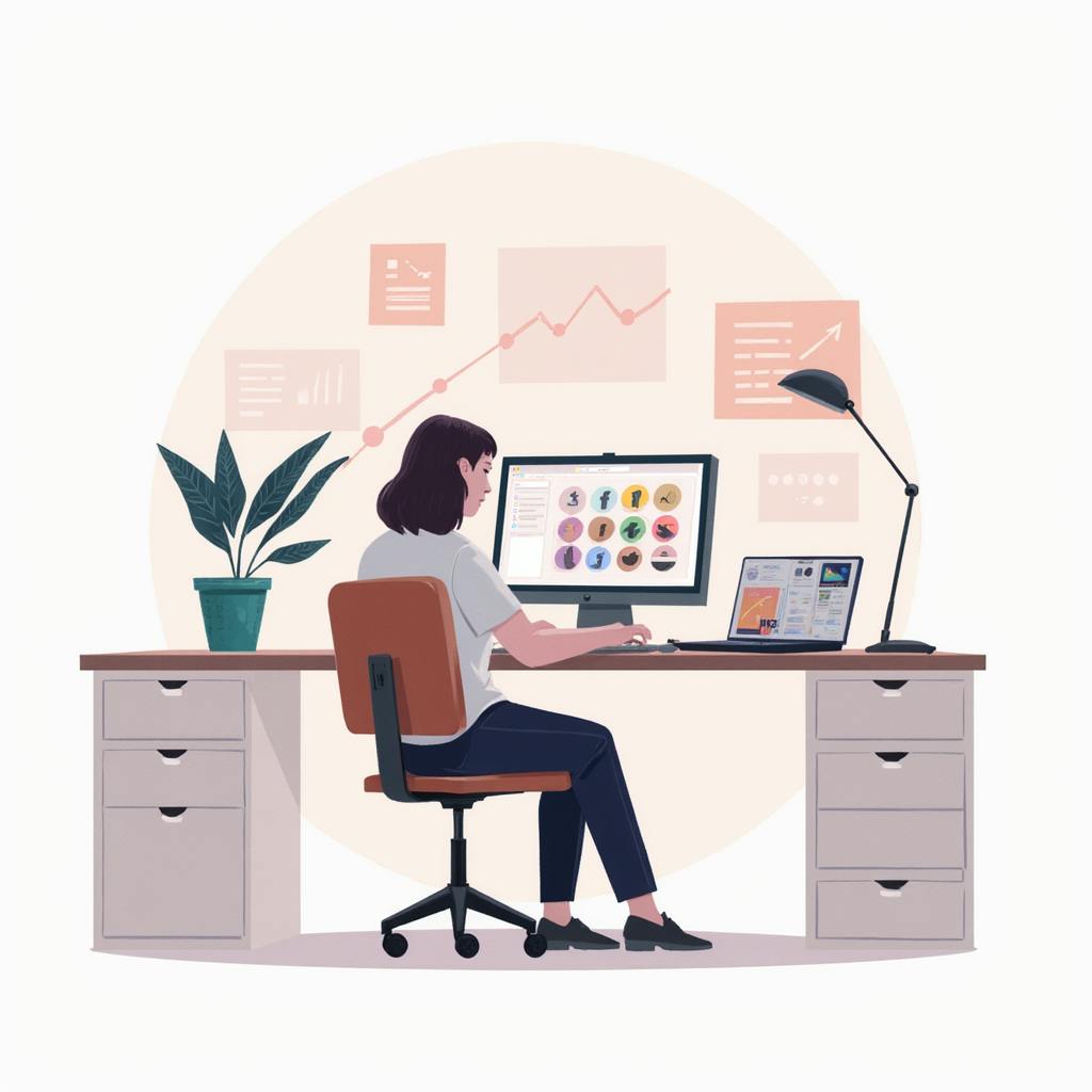 A woman working at a dual-monitor setup with social media icons and performance charts on screen, representing how to market graphic design business using social media and digital tools.