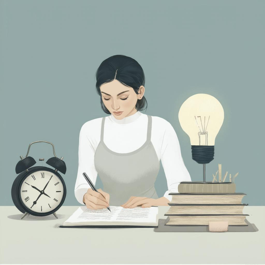 A woman writing on paper at a desk with a stack of books, a lit lightbulb, and a classic alarm clock, representing how to write flash fiction through focused, timed creativity.