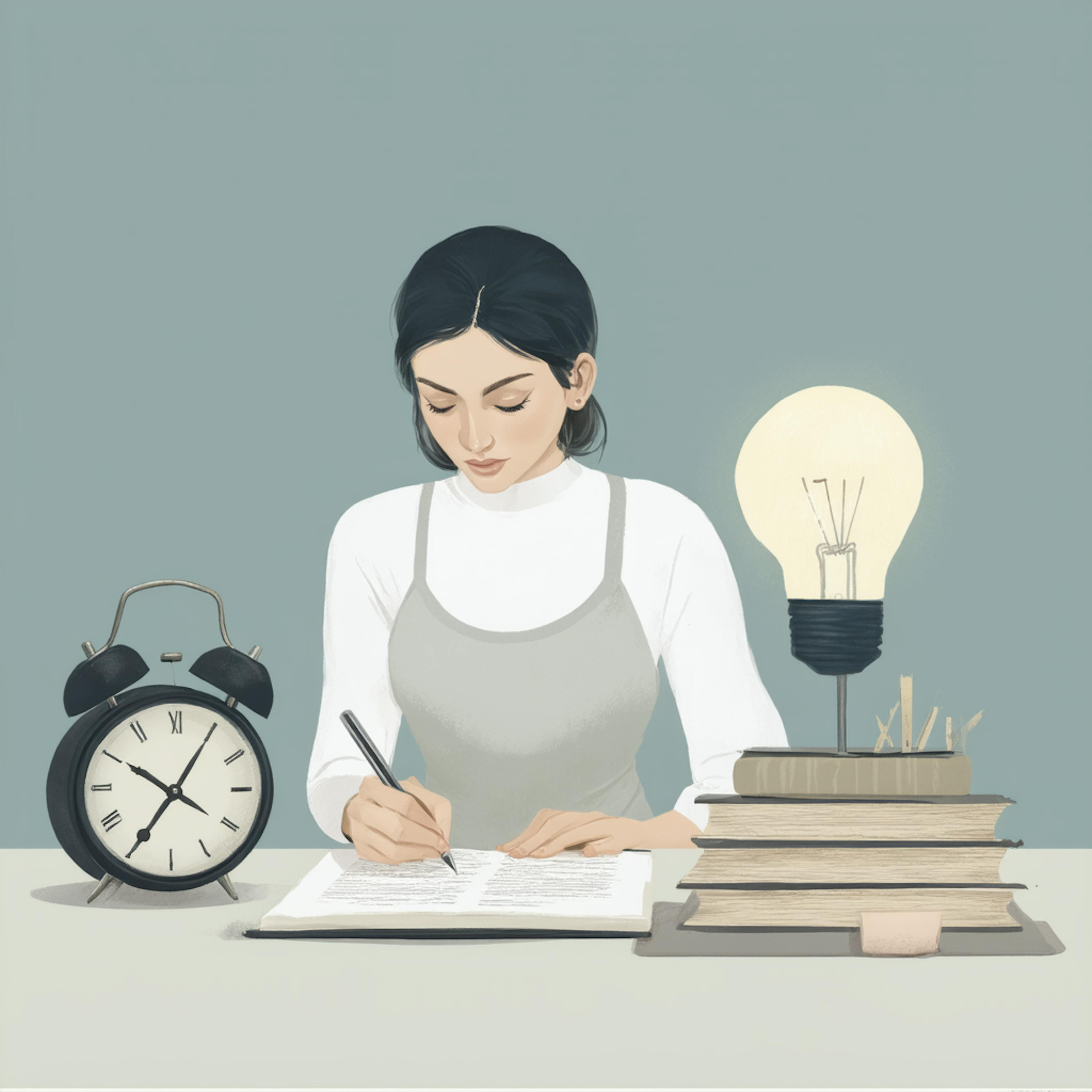 A woman writing on paper at a desk with a stack of books, a lit lightbulb, and a classic alarm clock, representing how to write flash fiction through focused, timed creativity.