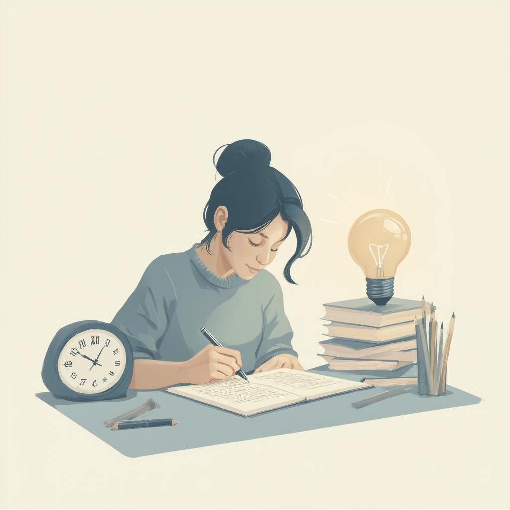 A young woman writing in a notebook surrounded by pencils, books, a clock, and a glowing lightbulb, showing how to write flash fiction in a creative and organized setting.