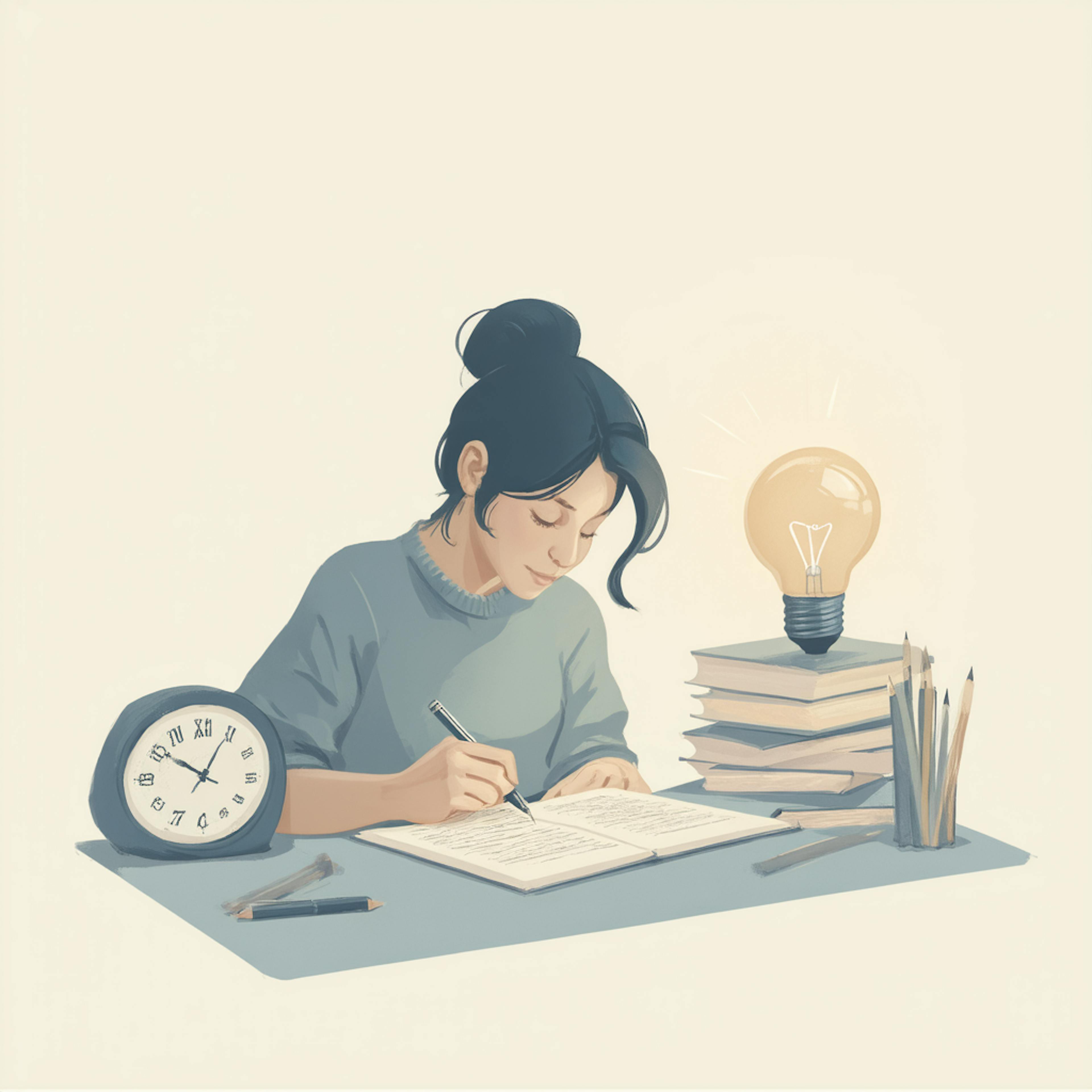 A young woman writing in a notebook surrounded by pencils, books, a clock, and a glowing lightbulb, showing how to write flash fiction in a creative and organized setting.
