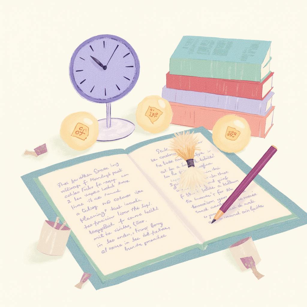 An open notebook with handwritten lines, a pencil, books, a clock, and idea-themed icons, visually expressing how to write flash fiction in a short and imaginative format.
