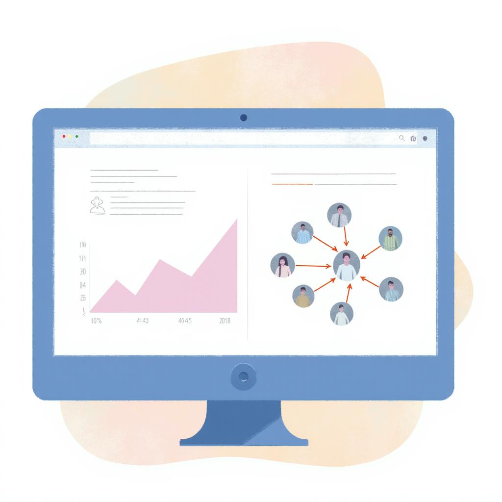 Computer screen displaying growth analytics and a network of connected user profiles, highlighting data-driven methods to increase organic traffic.