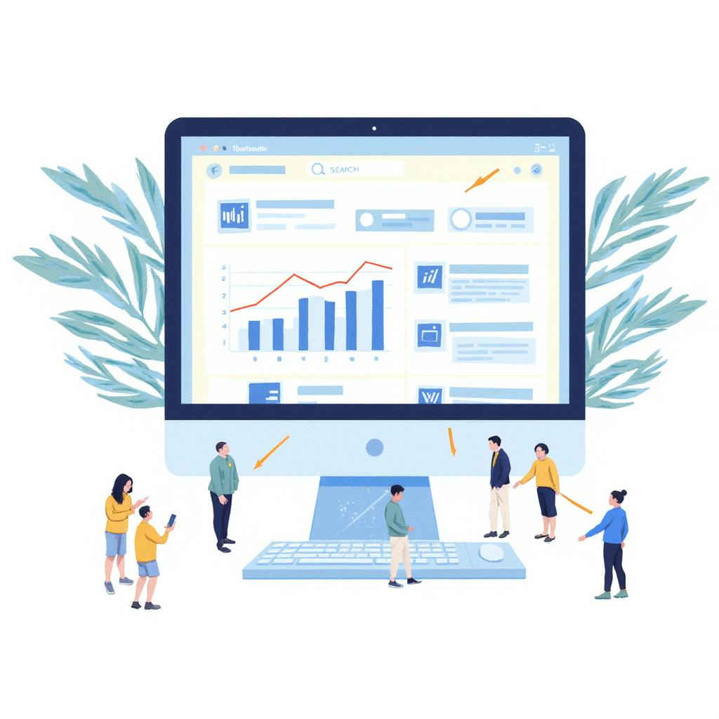 Team of small illustrated figures around a large computer screen showing graphs and charts, representing collaborative efforts to increase organic traffic.