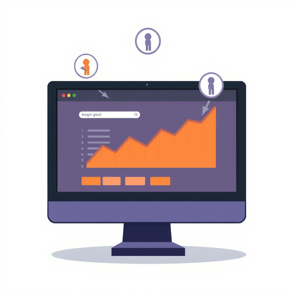 Illustration of a computer monitor displaying an upward-trending orange graph with user icons, symbolizing strategies to increase organic traffic.