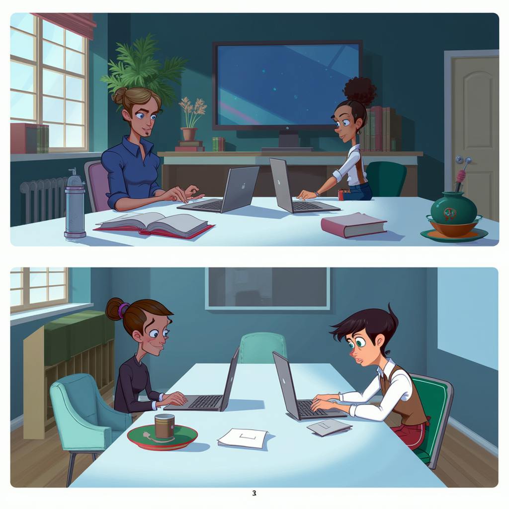 Illustrated office scenes with small teams collaborating on laptops, evaluating strategies for insourcing or outsourcing business operations.