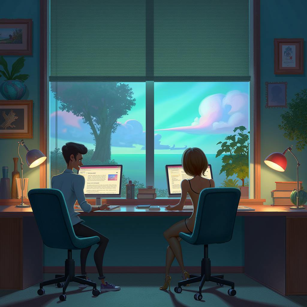 Cartoon image of two people working on computers in a scenic office, discussing project management and planning for insourcing or outsourcing solutions.