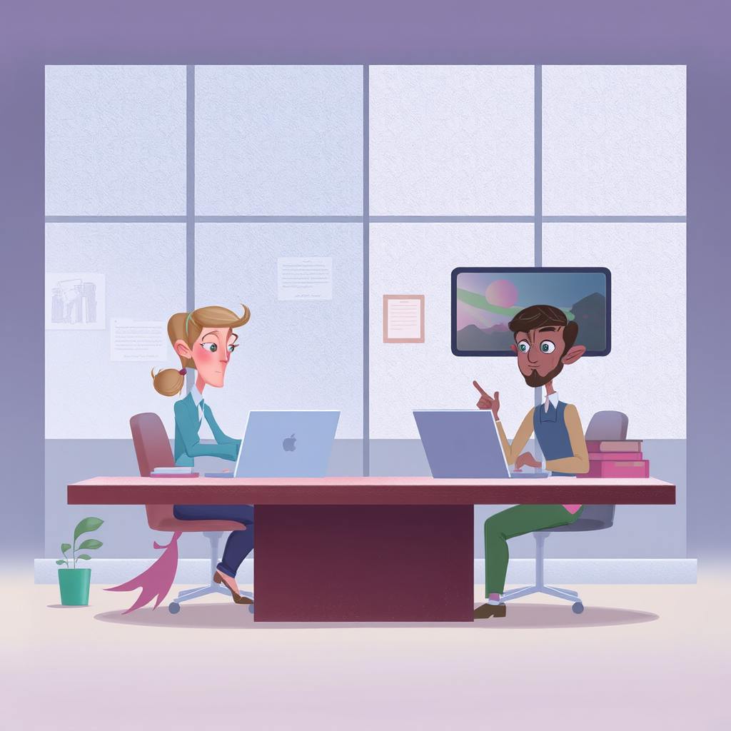 Cartoon illustration of two professionals working on laptops across a desk, representing team decision-making on insourcing or outsourcing tasks.
