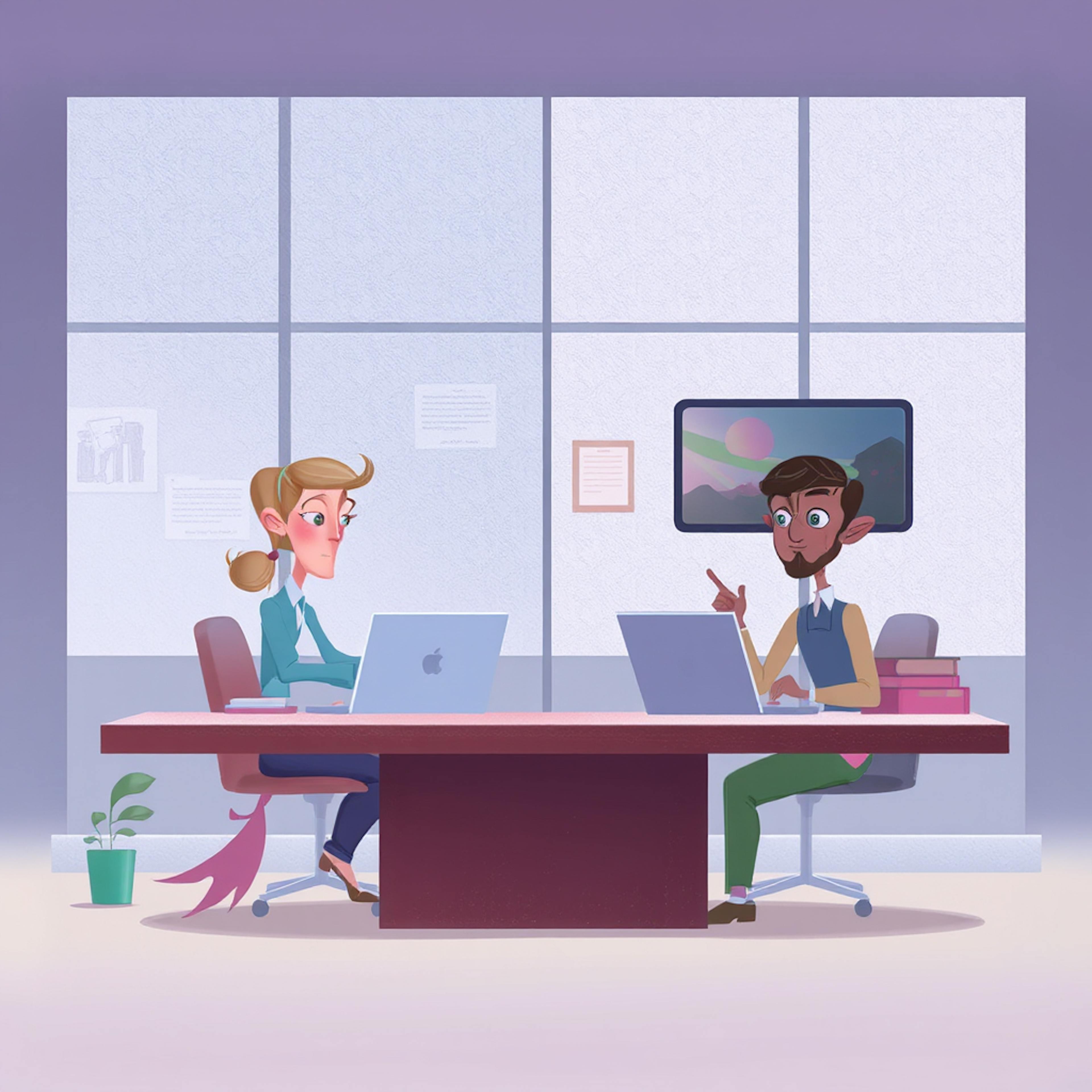 Cartoon illustration of two professionals working on laptops across a desk, representing team decision-making on insourcing or outsourcing tasks.