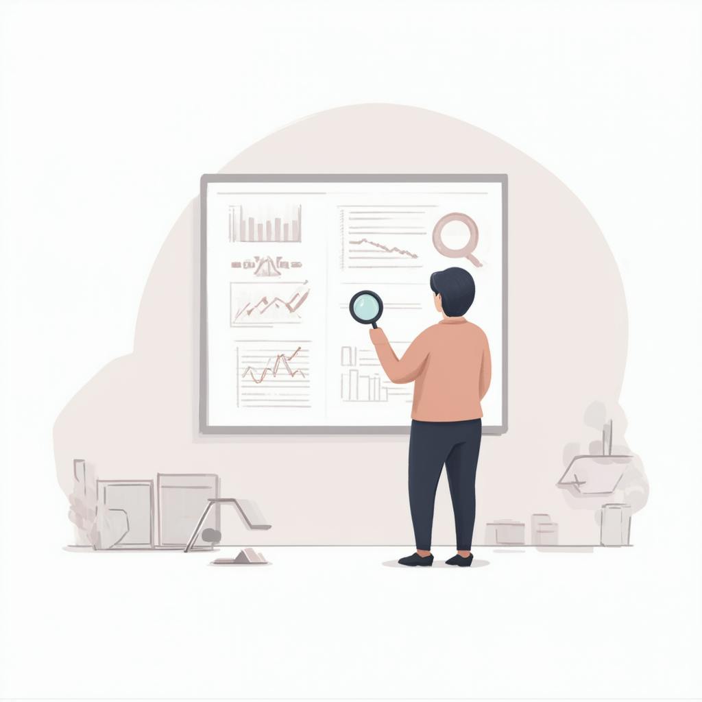Person using a magnifying glass to study graphs, charts, and search metrics on a large board, representing a focused keyword search strategy for digital marketing.