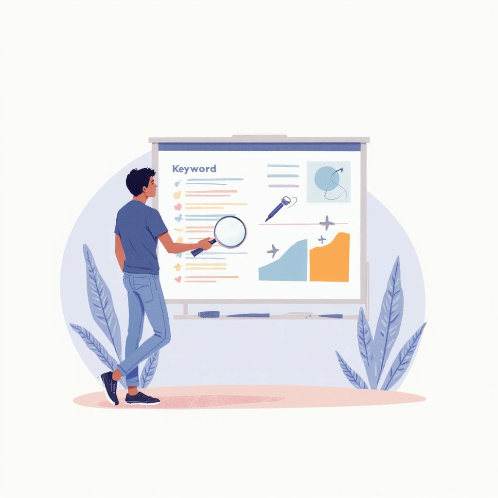 Man analyzing charts and keyword lists on a presentation board with a magnifying glass, illustrating an effective keyword search strategy for SEO growth.