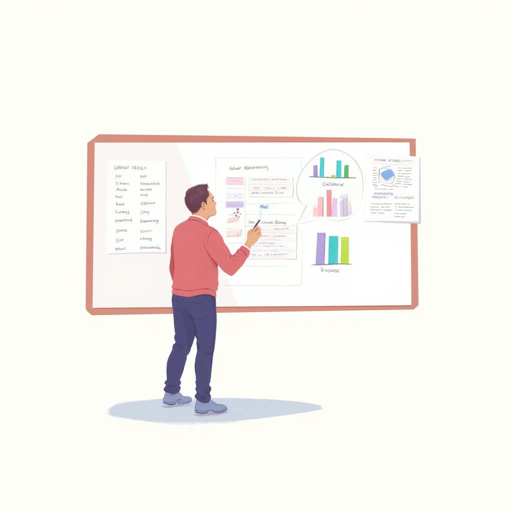 Man pointing to charts and keyword notes on a whiteboard with colorful graphs, visualizing a detailed keyword search strategy to improve website rankings.