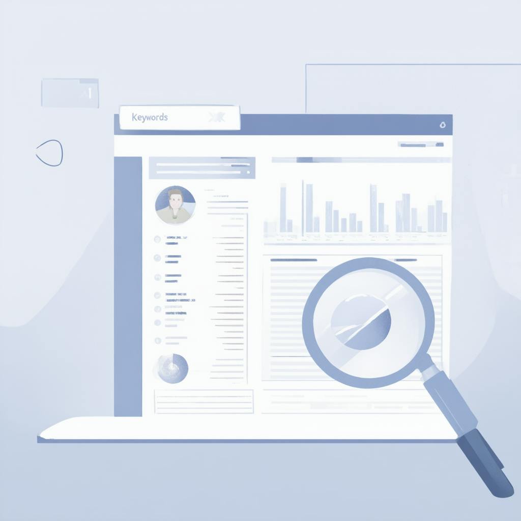 Close-up of a computer screen showing keyword metrics, charts, and a magnifying glass, highlighting keyword research analysis for search engine optimization.