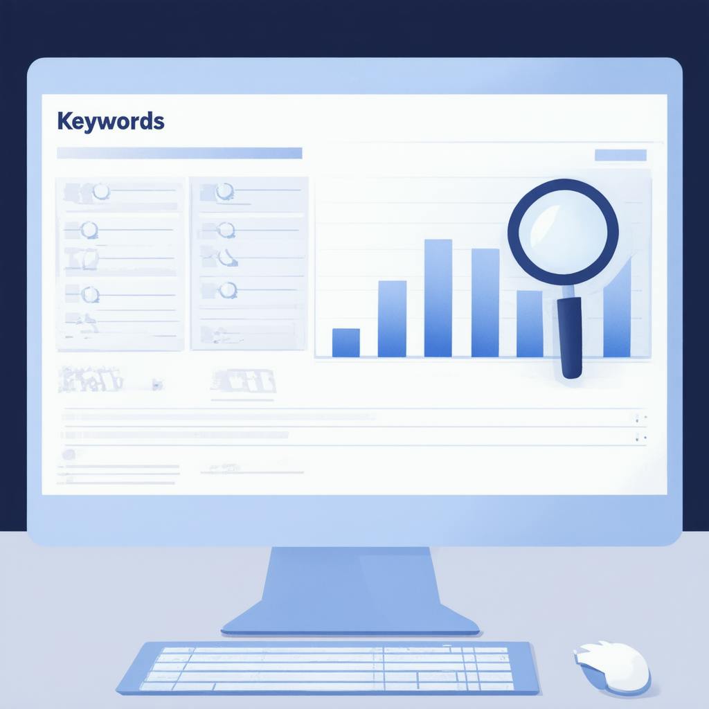 Illustration of a computer monitor displaying keyword lists and bar charts with a magnifying glass, representing keyword research analysis for SEO strategy.