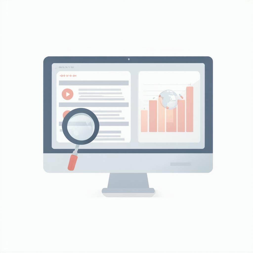 Digital analytics dashboard with search results, a magnifying glass, and growth charts, symbolizing keyword research analysis and performance tracking.