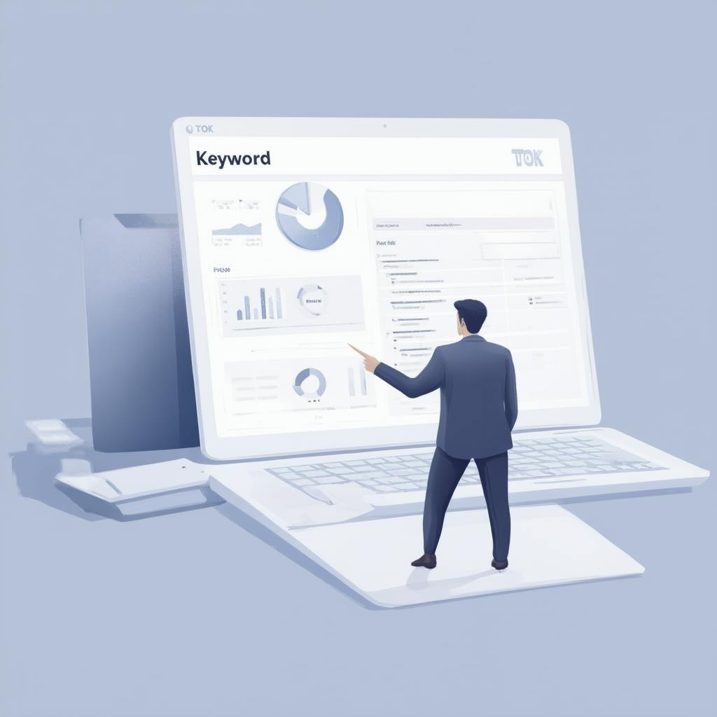 Business professional analyzes keyword strategies on a large laptop display with charts, graphs, and performance data for SEO and digital marketing success.
