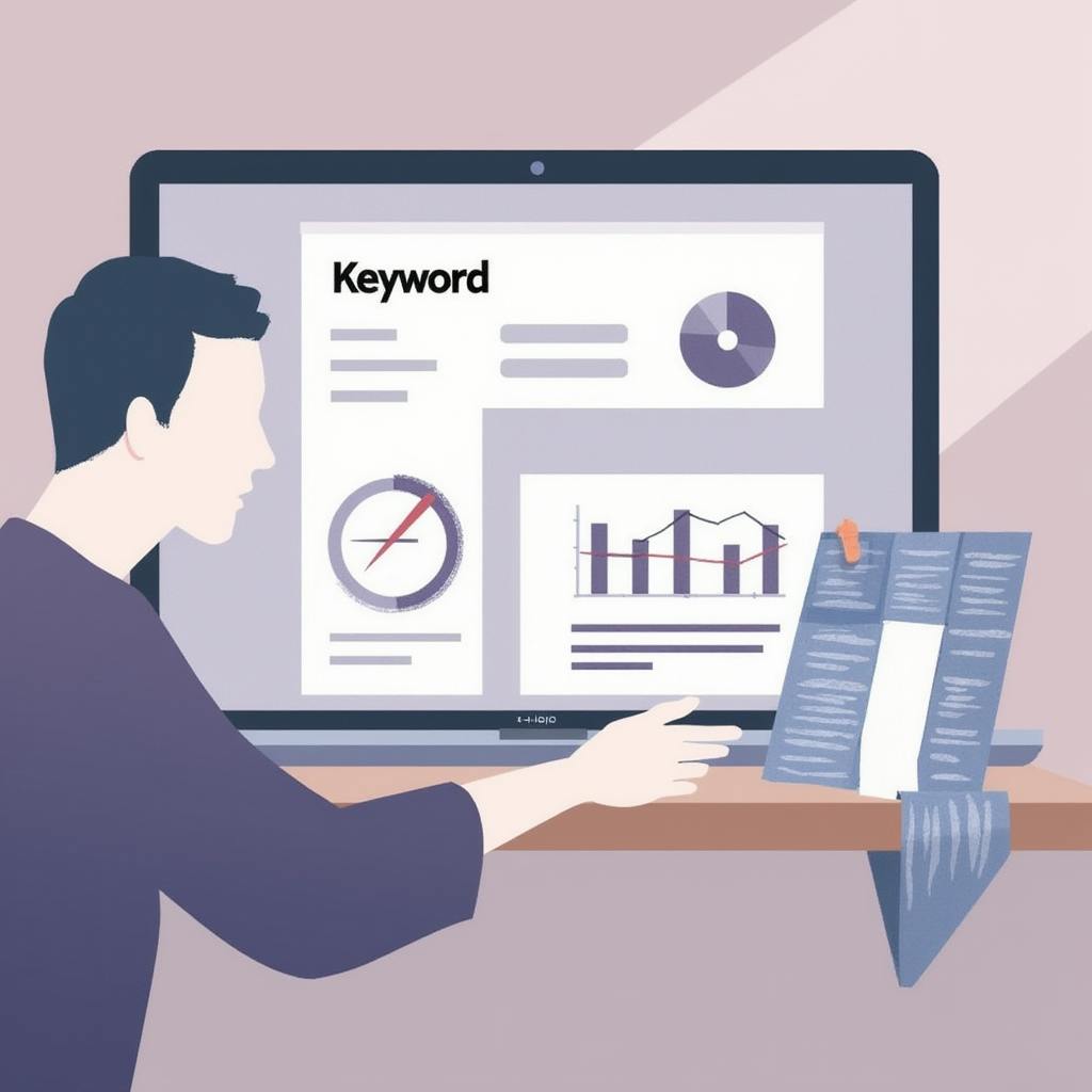 Man studies keyword reports, charts, and graphs on a monitor, representing keyword strategies for improving search engine rankings and website visibility.