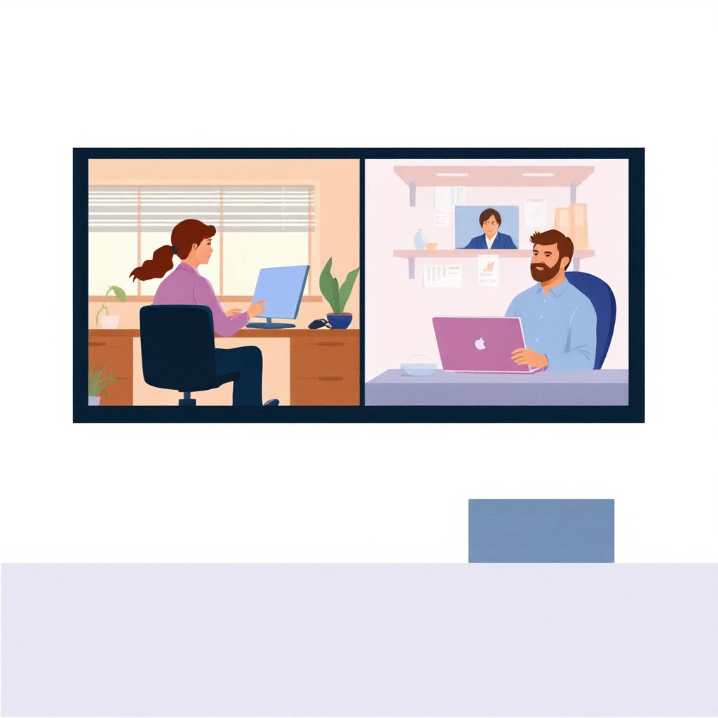Illustration of two professionals working separately in different office settings, representing outsourcing versus insourcing in business operations.