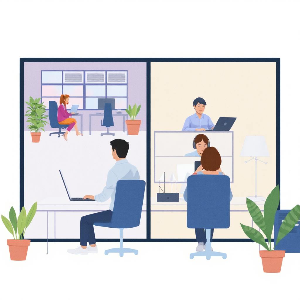Multiple employees working in separate office spaces, highlighting the concept of outsourcing versus insourcing for managing team resources and workflows.
