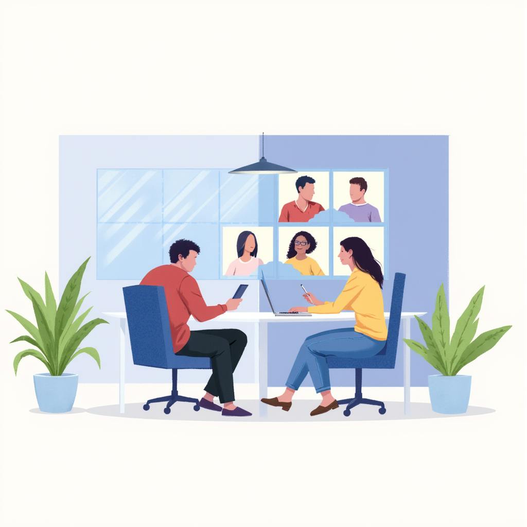 Team members collaborating in-person while video conferencing with remote workers, visually comparing outsourcing versus insourcing for company projects.