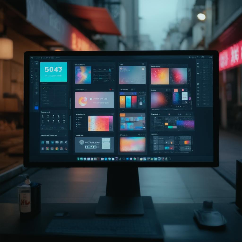 Large desktop screen featuring colorful interface mockups, charts, and layout previews, representing a dark-themed design system UI for creative and branding projects.