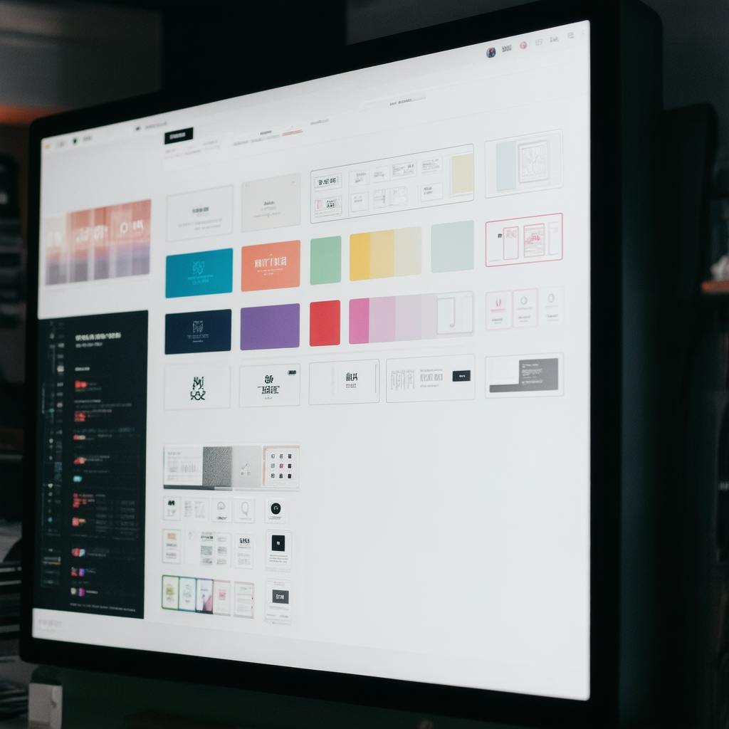 Monitor displaying a white-background interface with typography, color swatches, and layout templates, illustrating an organized design system UI for consistent visual standards.
