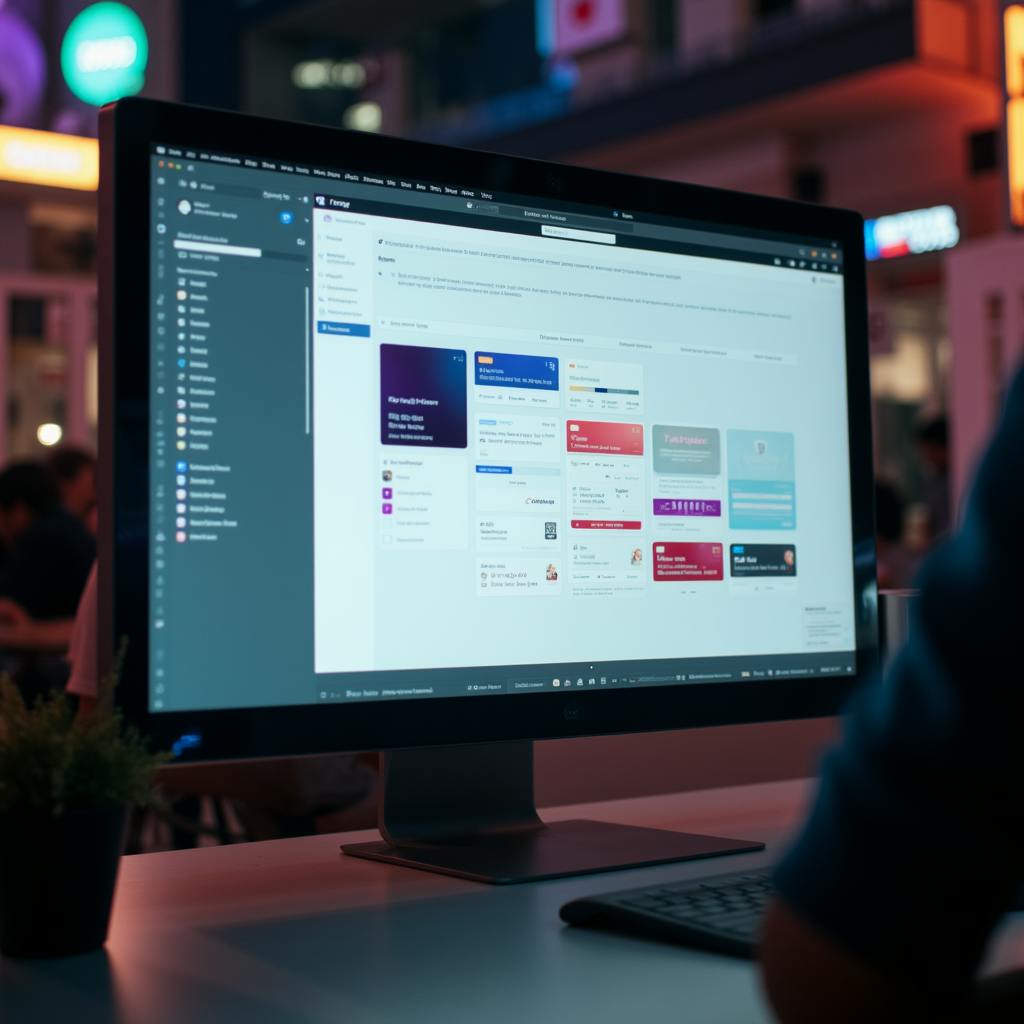 Computer monitor displaying a web-based platform with component cards, menus, and structured layouts, showcasing a professional design system UI for digital product development.