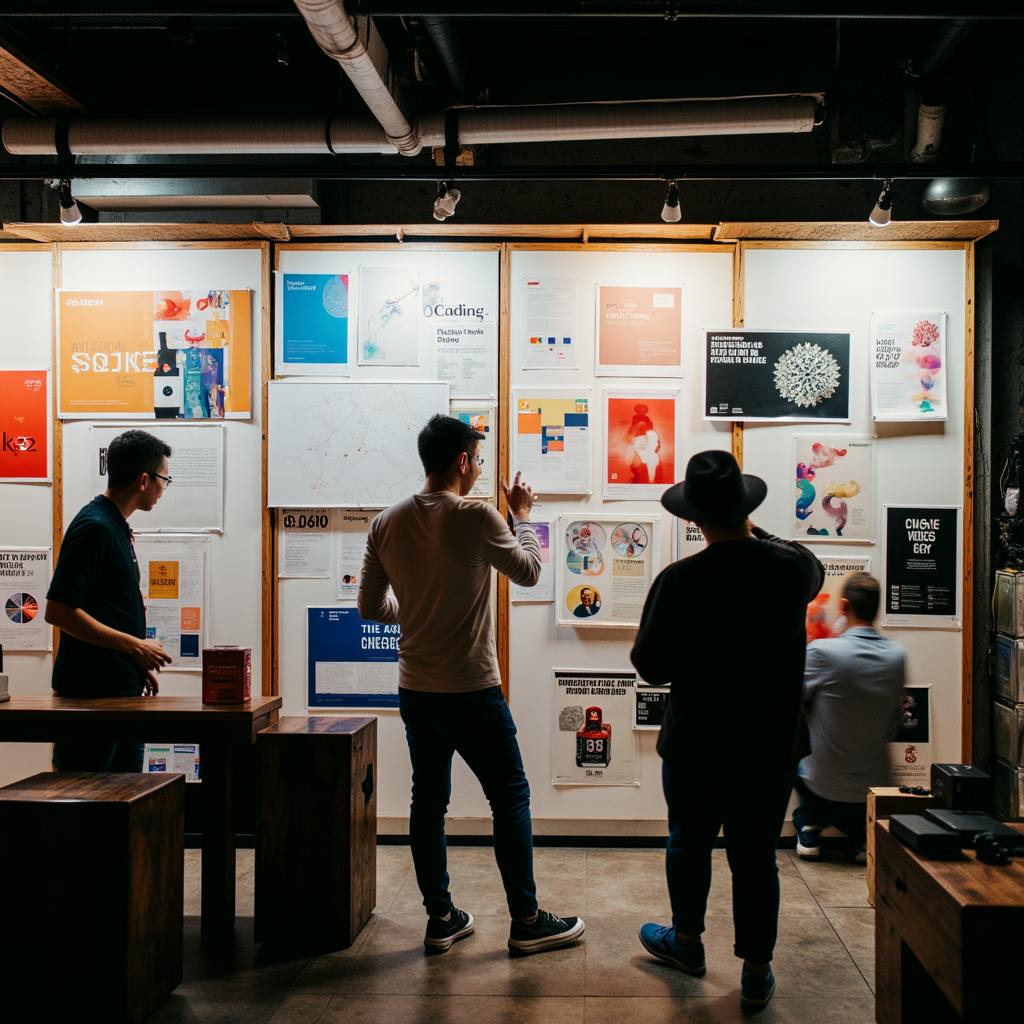 Group of people in a creative workspace discussing and pointing at wall-mounted posters featuring UI patterns, branding concepts, and color palettes, illustrating collaborative review of design system examples.