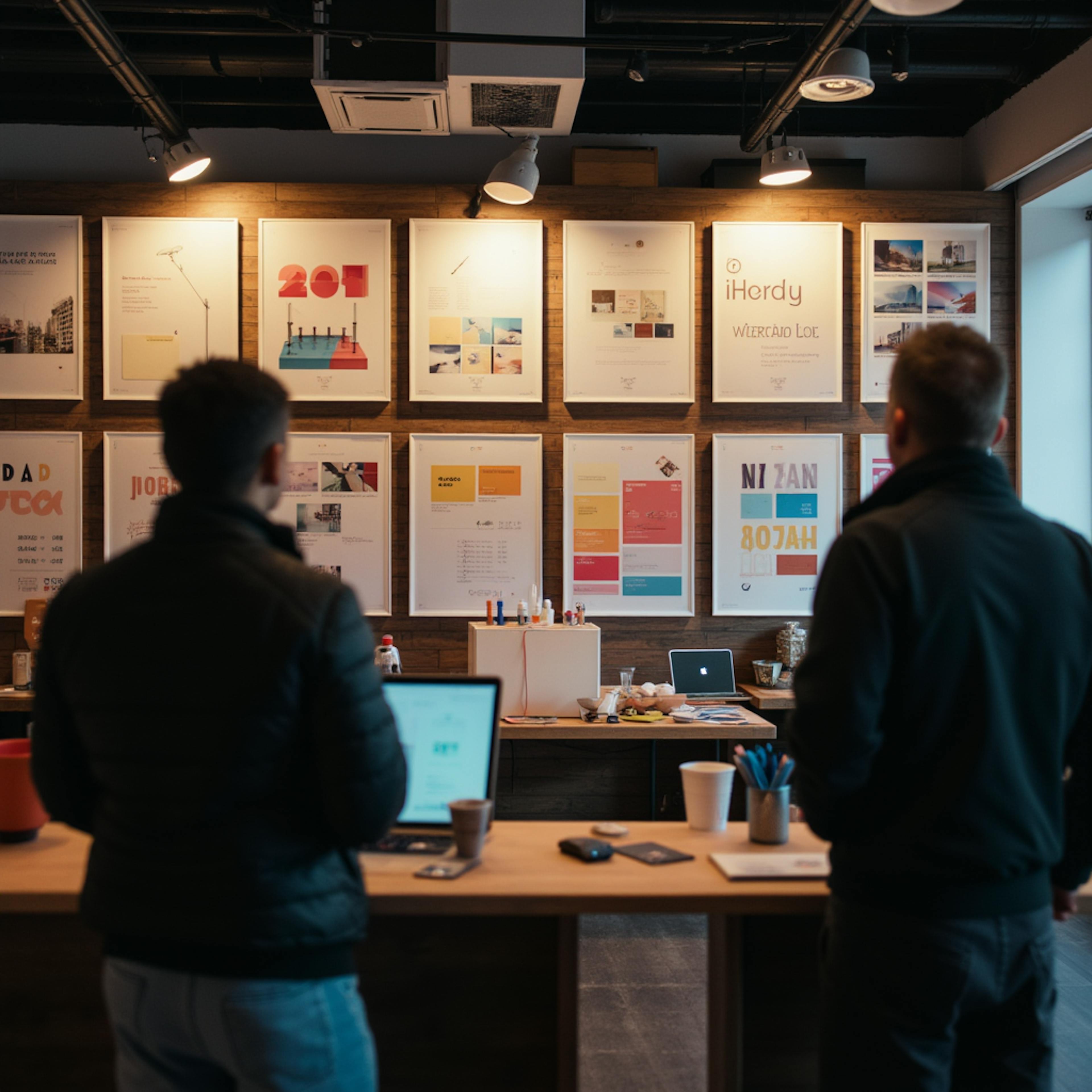 Two people standing at a wooden counter with laptops, examining framed posters on the wall that showcase layout grids, typography, and color schemes as design system examples.