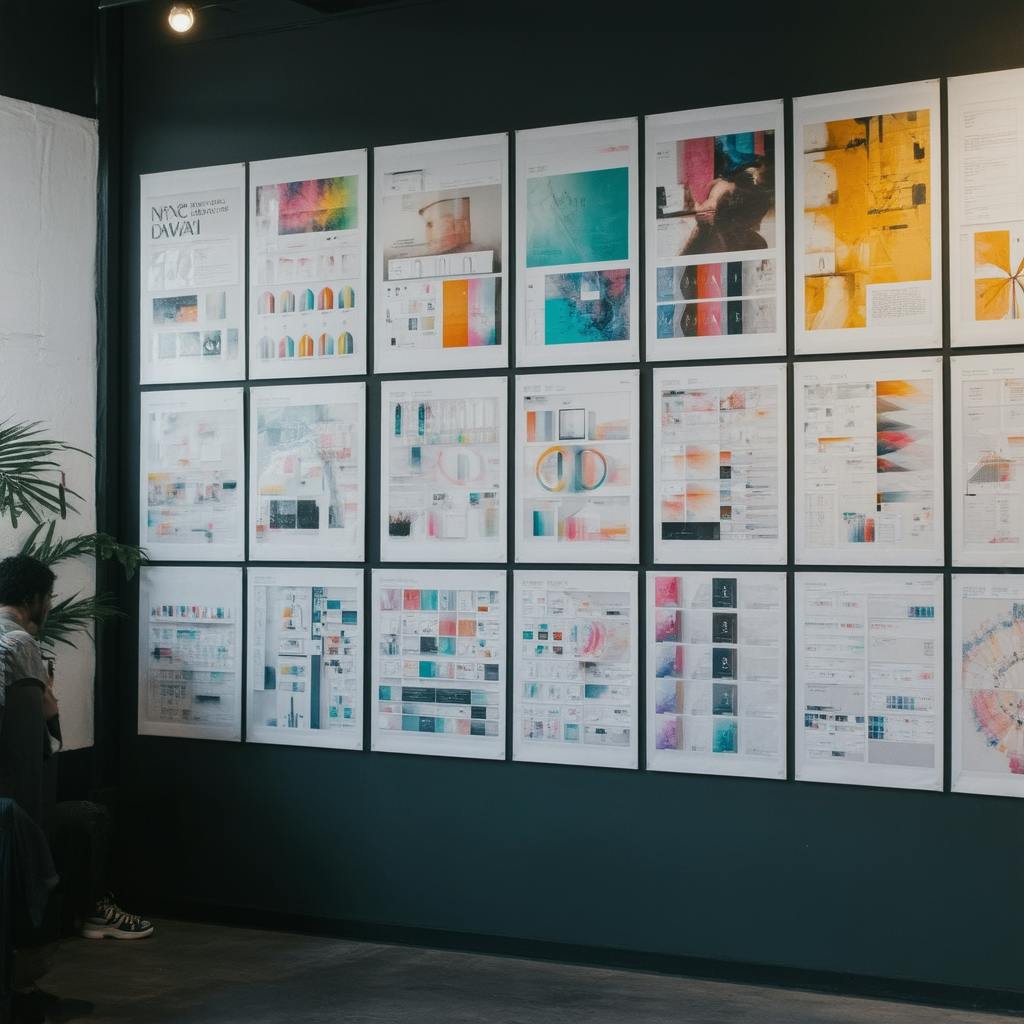 Large black wall covered with neatly arranged framed prints displaying colorful charts, UI layouts, and brand guidelines, serving as visual design system examples for reference.