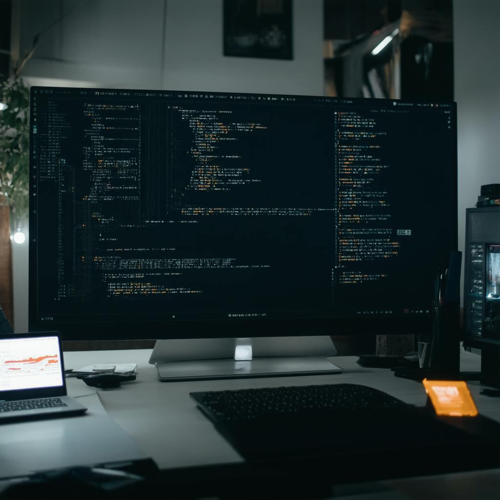 Wide desktop monitor displaying complex code for layout and styling alongside a laptop with data visualization, illustrating advanced coding for design in a professional environment.