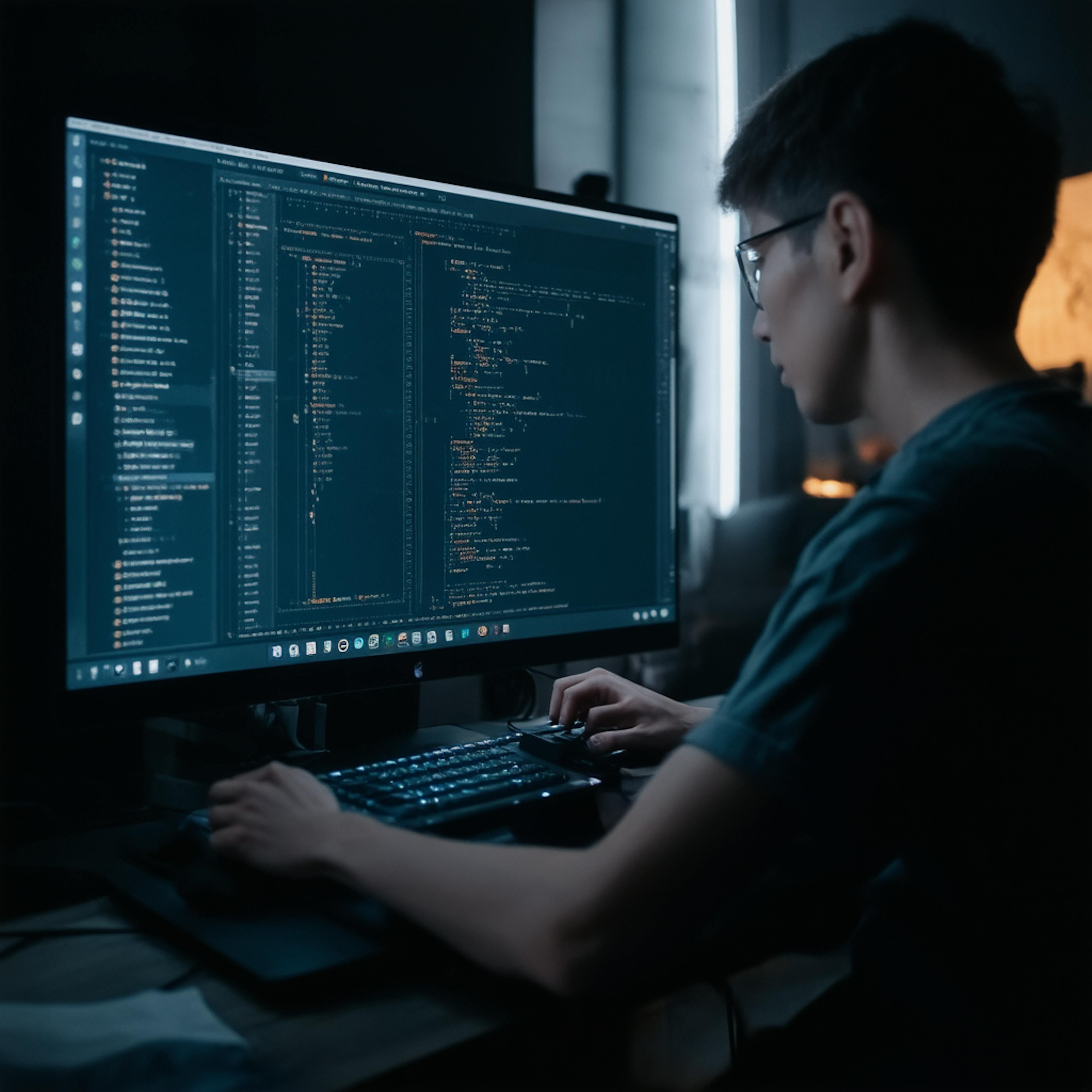 Person programming on a large monitor with multiple panels of HTML and CSS code, demonstrating the integration of coding for design in web development projects.