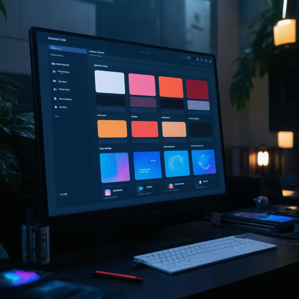 Modern workspace with a monitor displaying colorful UI component tiles in a dark interface, highlighting visual consistency in the best design systems for product design.