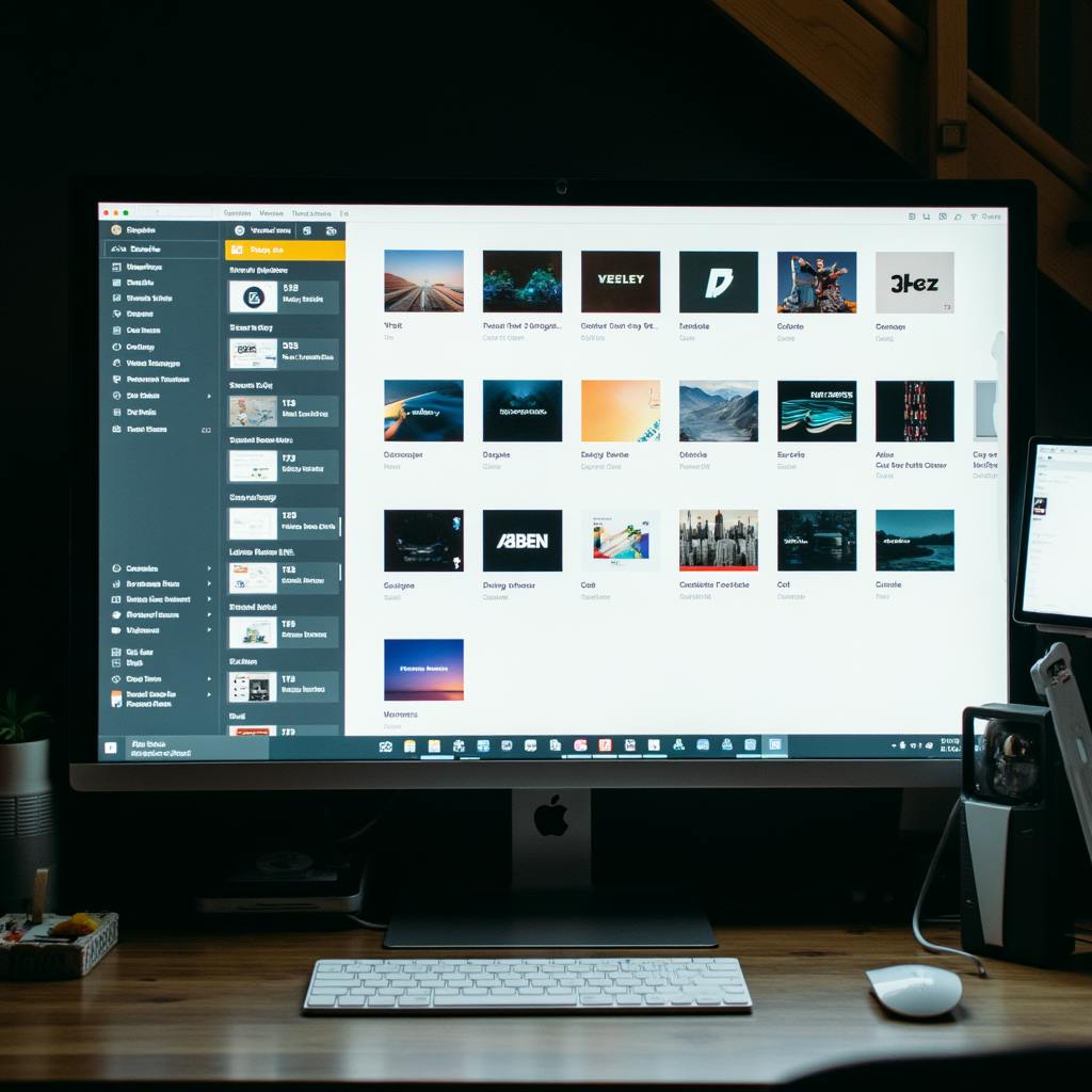 Large desktop screen displaying a file library with various design assets and previews, illustrating organization and accessibility in the best design systems for digital workflows.