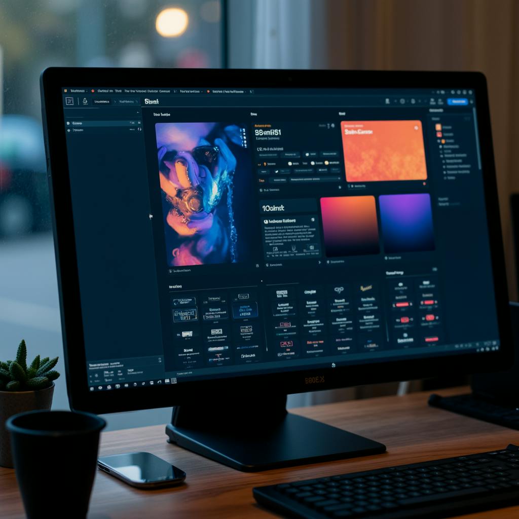 Computer monitor displaying a dark-themed interface showcasing UI elements, color palettes, and component previews, representing research on the best design systems for creative projects.