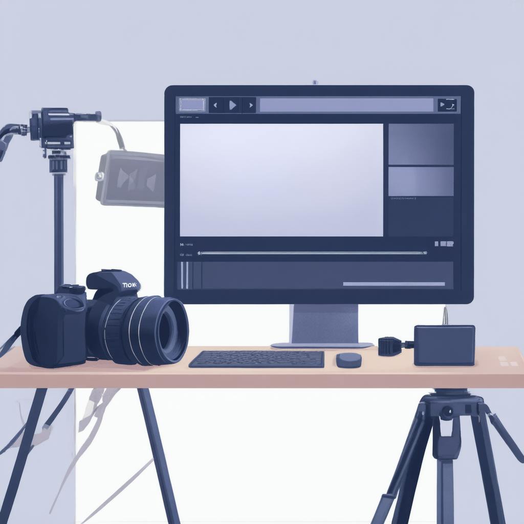 Illustration of a video production desk with a camera, tripod, lighting, and a computer screen displaying editing software for sales video production.