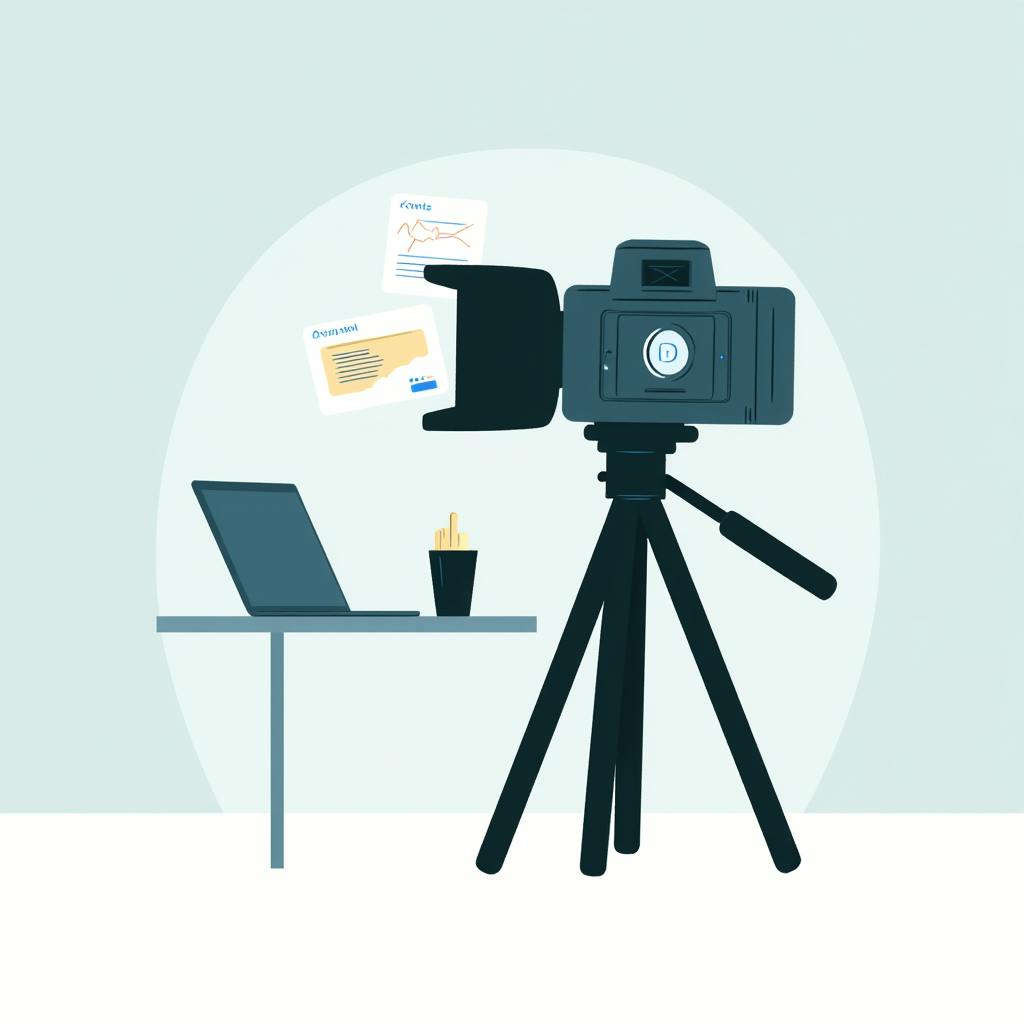 Flat design illustration of a camera on a tripod recording near a laptop and desk with documents and analytics, symbolizing professional sales video production.