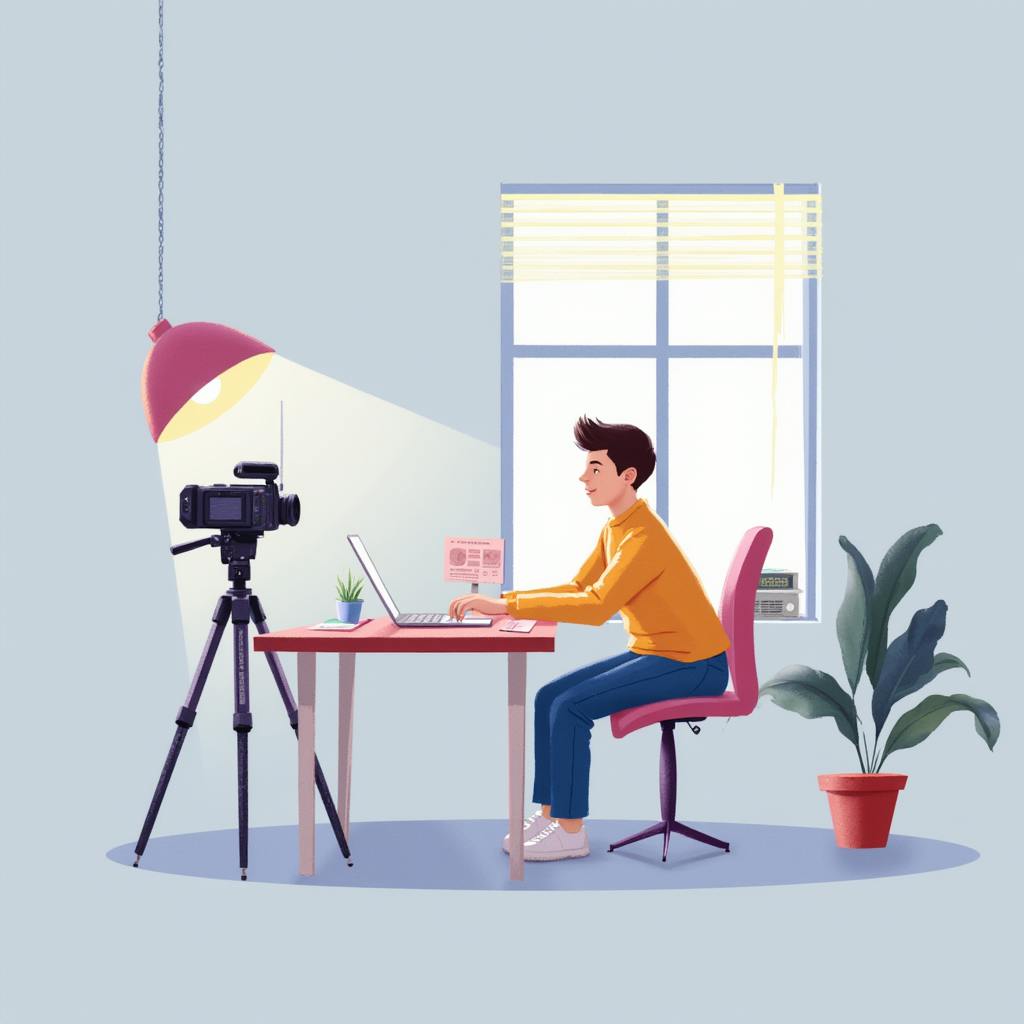 Illustration of a person sitting at a desk using a laptop with a camera on a tripod under a spotlight, depicting a home studio setup for sales video production.