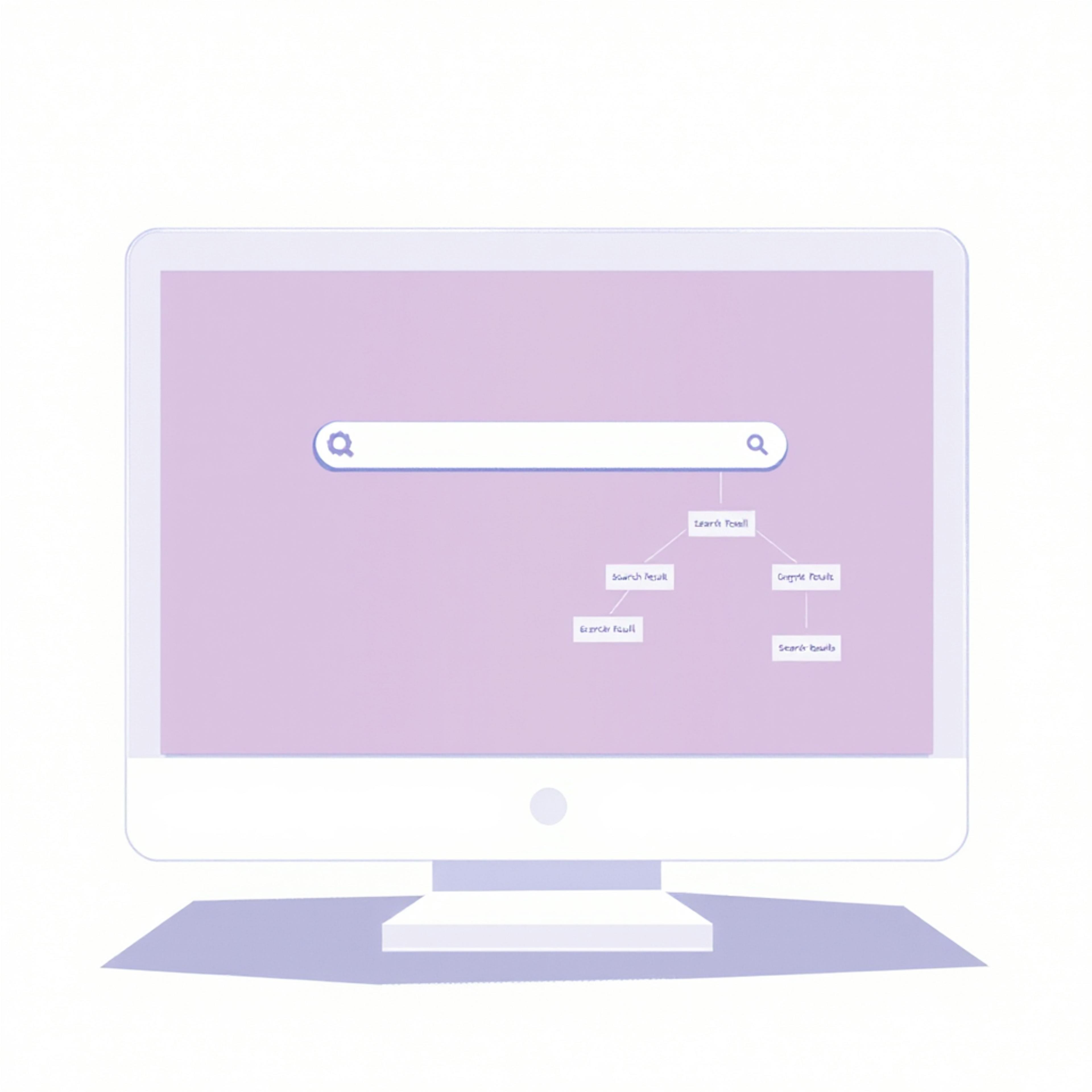 Minimalist illustration of a search bar on a computer monitor with a branching diagram of search results, representing how queries are mapped in a search engine guide.