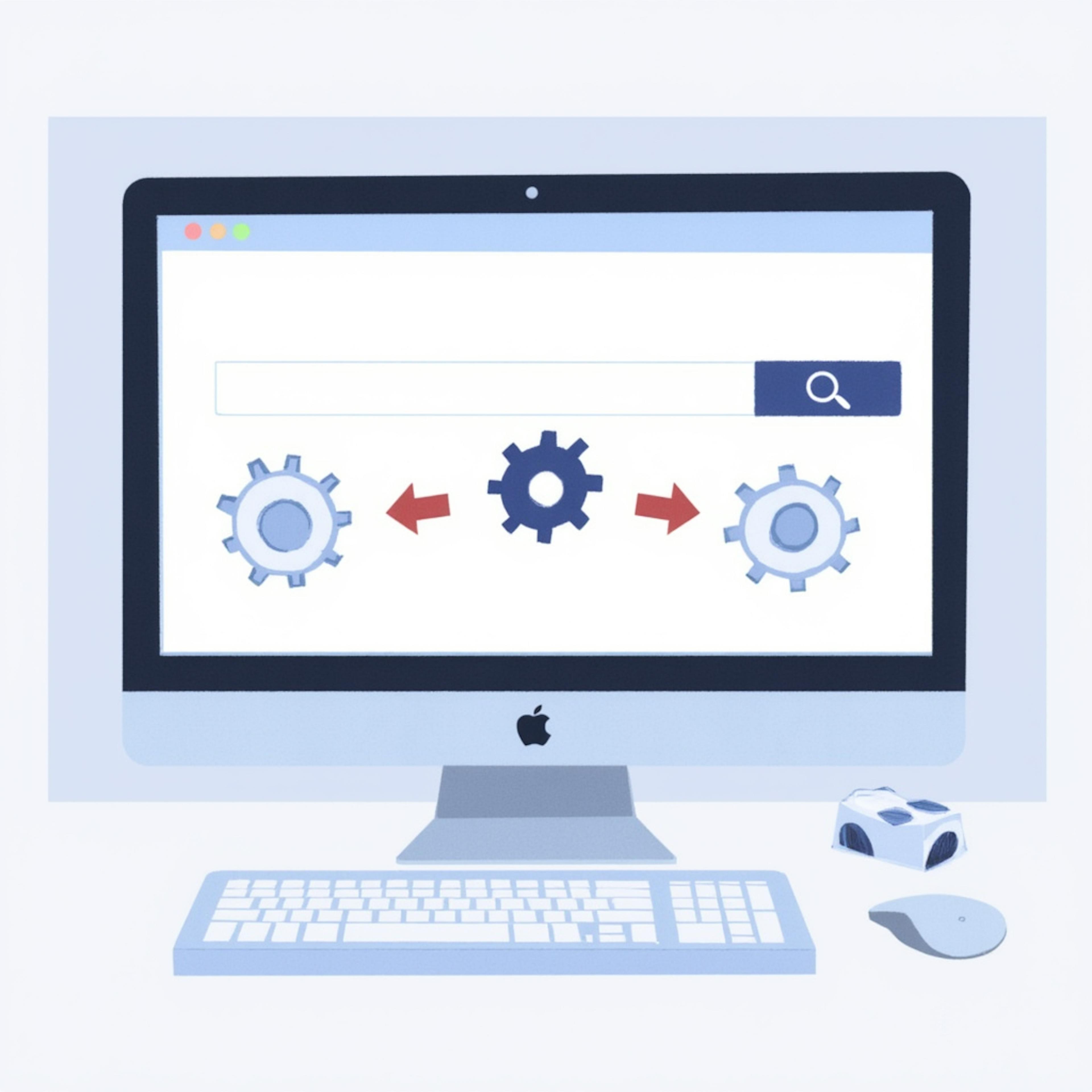 Computer screen displaying a search bar with interconnected gears and arrows, highlighting the mechanics of search optimization explained in a search engine guide.